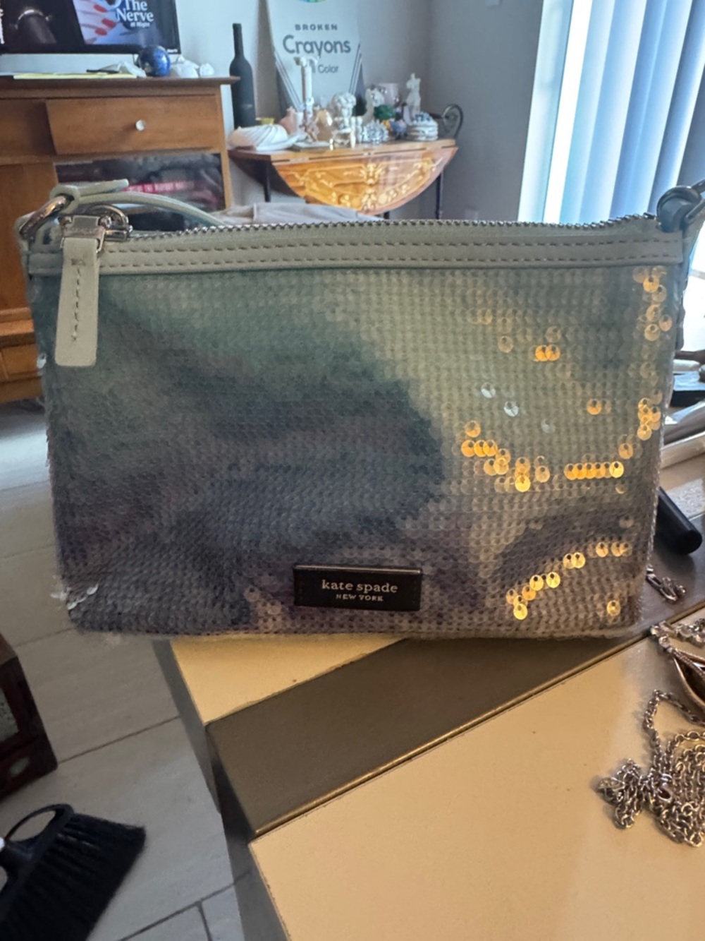 NWOT kate spade iridescent sequin crossbody light blue never used "Lulu Ombre"